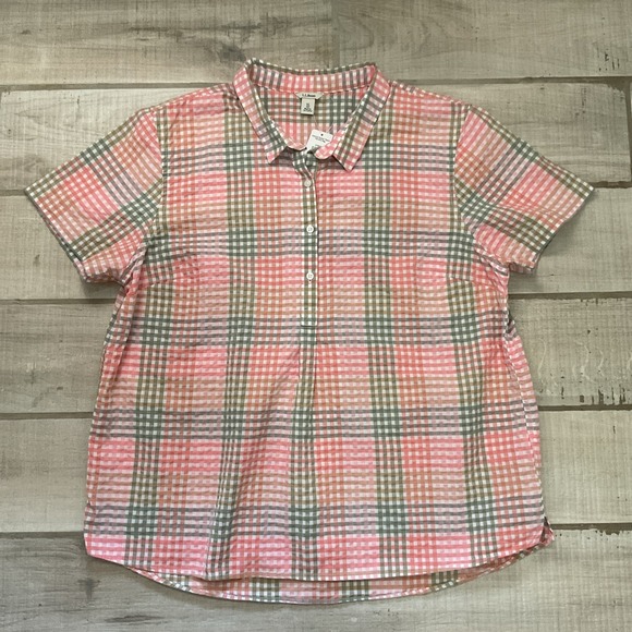 LL Bean Womens XL Button Up Colorful Seersucker Long Sleeve Vacationland Plaid - Picture 1 of 6
